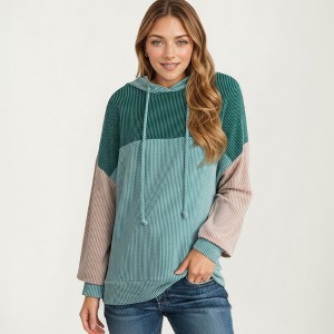 Anna-Kaci Women's Long Sleeve Color Block Knit Hoodie with Drawstring and Relaxed Fit - 1 of 4
