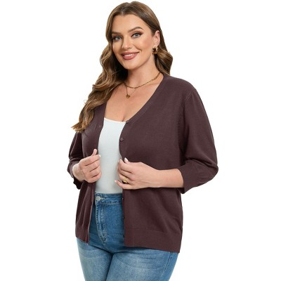 Women's Plus Size V-Neck Cardigan Casual 3/4 Sleeve Knit Button Down Open Front Sweater