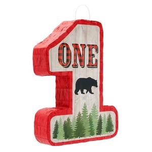Blue Panda Number 1 Pinata for Kids First 1st Birthday Party Decorations, Red/Black Buffalo Plaid, 16.6x13 In - 1 of 4
