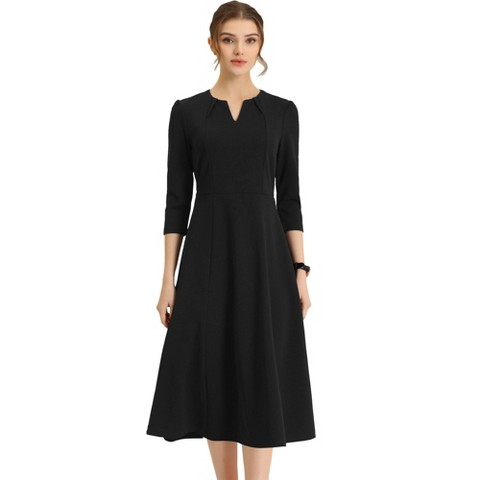 Женские платья INSPIRE CHIC Women's Elegant Split Neck Side Zipper Pockets 3/4 Sleeve Work Business A-Line Dress Black X-Large