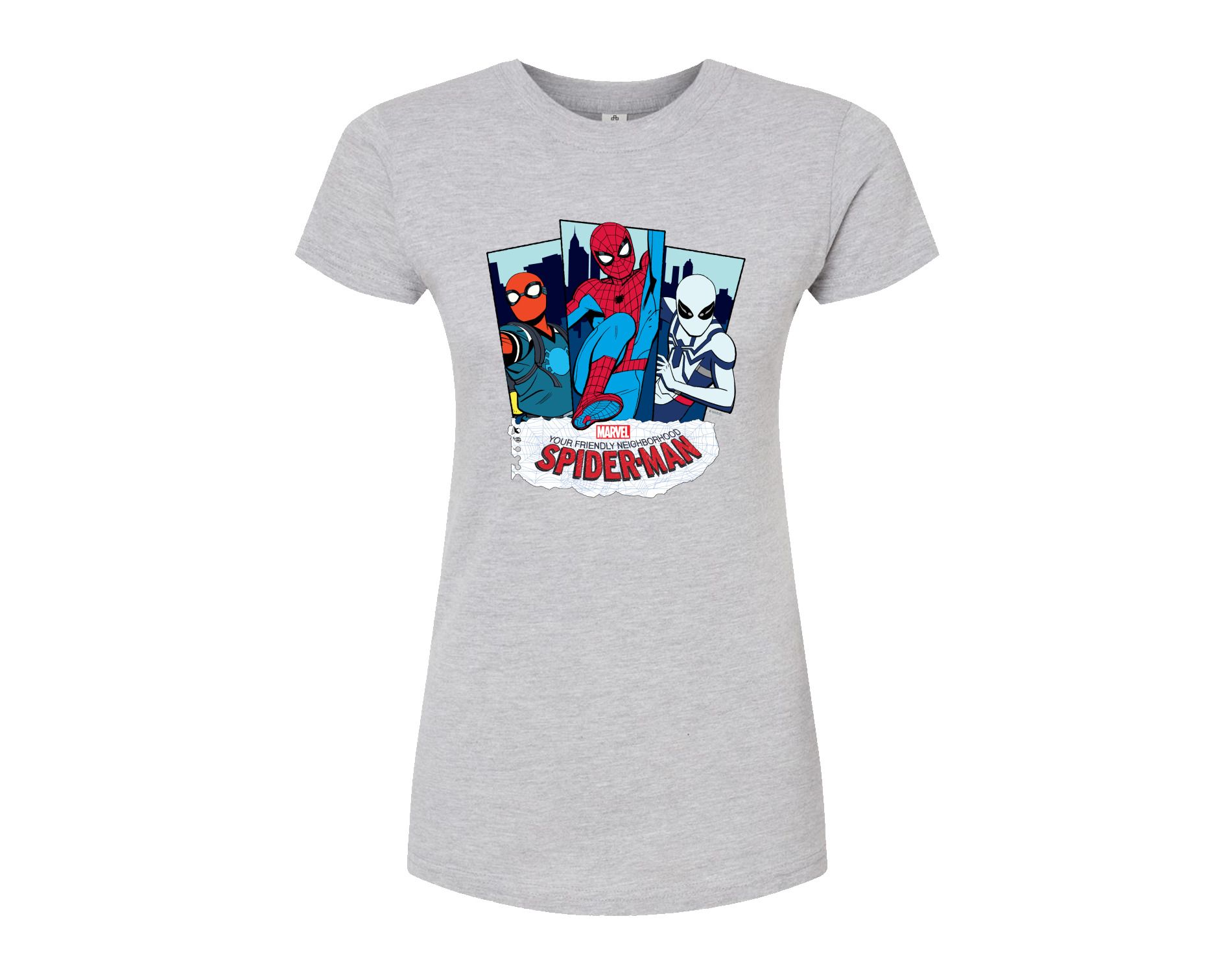 Women's Marvel Friendly Neighborhood Spider-Man Suits Fitted Graphic T-Shirt - Heather Grey - Medium