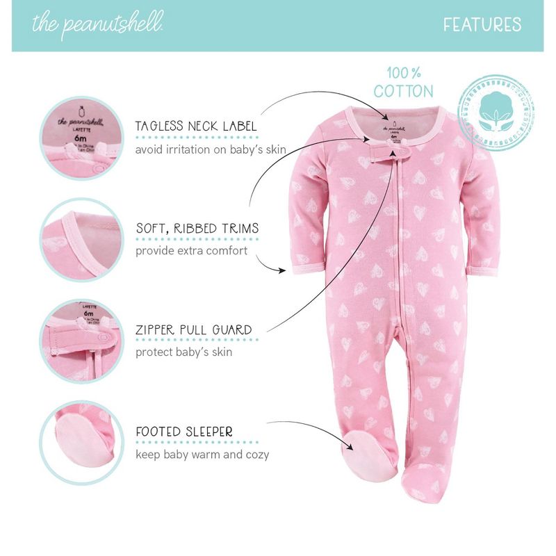 The Peanutshell Footed Baby Sleepers for Girls, Cheetah & Pink Hearts, 3-Pack, Newborn to 12 Month Sizes, 3 of 8