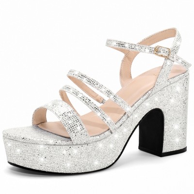 BLISSFUL STEP Women's Glitter Chunky Heel Open Toe Slingback Sandals
