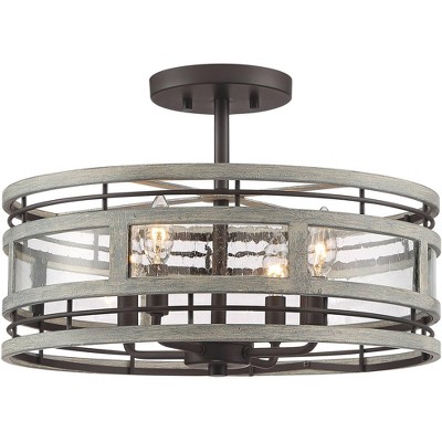 Possini Euro Design Modern Industrial Ceiling Light Semi Flush Mount Fixture Bronze Wood Finish Gray 18" Wide 4-Light Drum Cage Bedroom