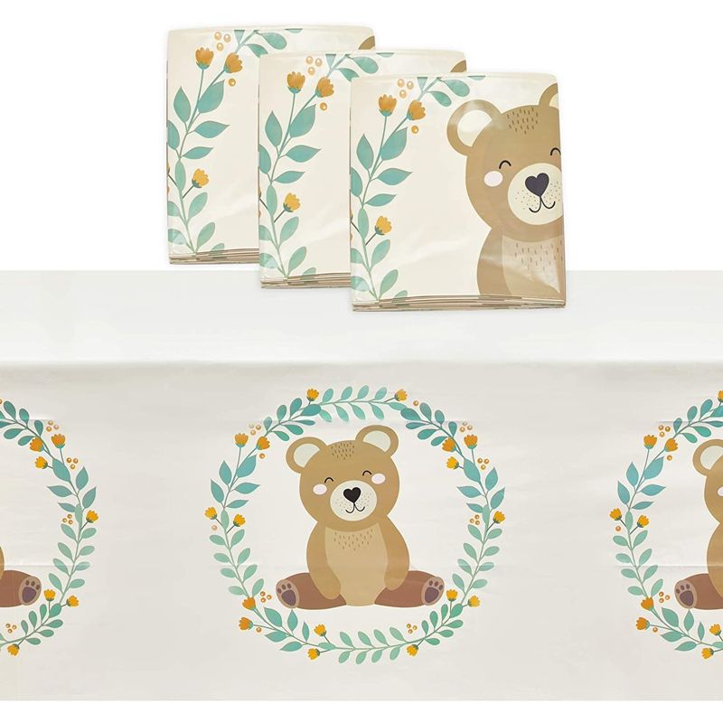 Sparkle and Bash 3 Pack Bear Plastic Party Tablecloths, 54" x 108" Rectangular Table Covers for Birthday Baby Shower, 1 of 6