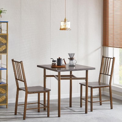 2-Piece Dining Set, Square 47.3" Wood Table with Metal Legs & Matching Chairs, Antique Brown Kitchen Table for Small Spaces