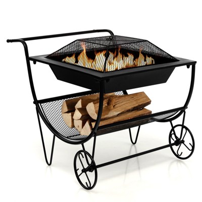 Tangkula 21.5" Fire Pit & Firewood Log Rack Outdoor Square Firepit & Firewood Holder with Spark Screen Rolling Wheels
