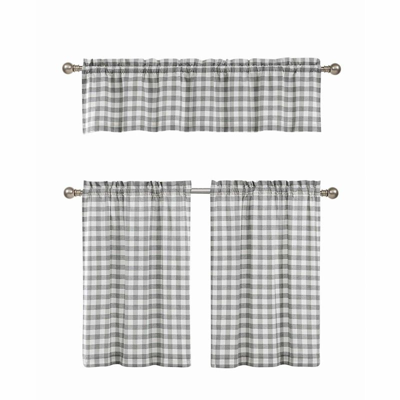 GoodGram Gray & White Cotton Blend Gingham Tartan Country Plaid Kitchen Curtain Set - 58 in. W x 15 in. L, 1 of 2