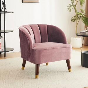 Velvet Upholstered Barrel Accent Chair with Curved Tufted Back, Square Arms and Rubberwood Legs - 1 of 4