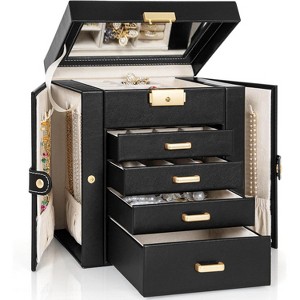 Leather Jewelry Box with Mirror & Lock, 3-Tier Organizer with 2 Drawers for Necklaces & Bracelets - 1 of 4