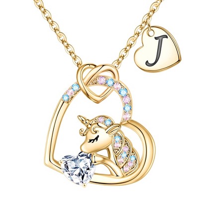Turandoss Gold Heart Unicorn Necklace for Girls - Initial Zircon Pendant Necklace for Kids 4 -13 Year Old, Unicorn Birthday Gifts for Girls, 18+2.5In