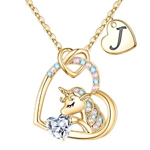 Turandoss Gold Heart Unicorn Necklace for Girls - Initial Zircon Pendant Necklace for Kids 4 -13 Year Old, Unicorn Birthday Gifts for Girls, 18+2.5In - 1 of 4