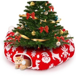 Cat Tunnel Christmas Tree Skirt - to Keep Cats Away from Xmas Tree, Washable Mat with Balls, Green Holiday Pet Toy - 1 of 4