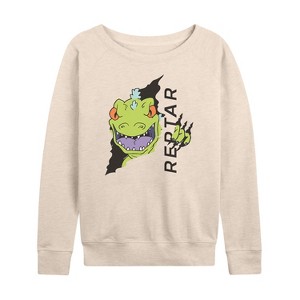 Women's - Rugrats - Reptar Tear Lightweight French Terry Wide Neck Long Sleeve Shirt - 1 of 4