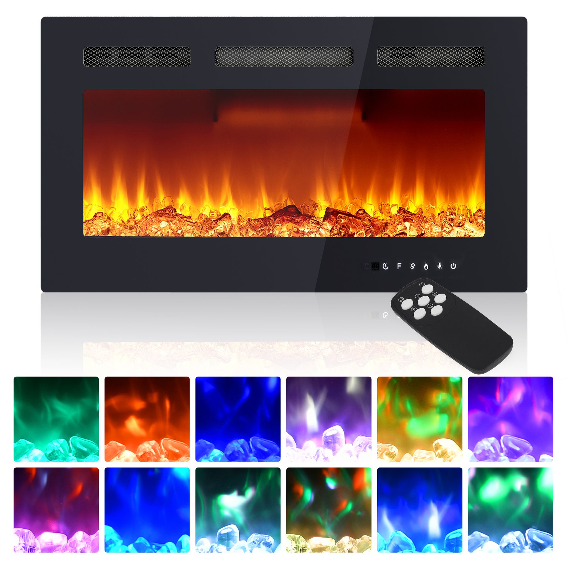 30 Inch Wall-Mounted Electric Fireplace - Adjustable Flame Color & Brightness, 750/1500W Quiet Heater with Overheat Protection