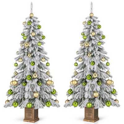 Tangkula 2PCS 6 FT Unlit Artificial Christmas Tree Hinged Tree with 589 Flocked Branch Tips 48 Balls Vintage Cement-Filled Flowerpot & Gloves