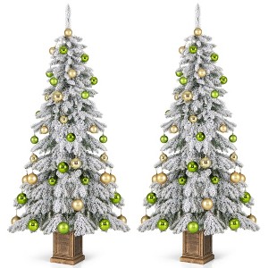 Tangkula 2PCS 6 FT Unlit Artificial Christmas Tree Hinged Tree with 589 Flocked Branch Tips 48 Balls Vintage Cement-Filled Flowerpot & Gloves - 1 of 4