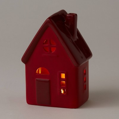6" Battery Operated Lit Decorative Ceramic House with Round Window Red - Wondershop™
