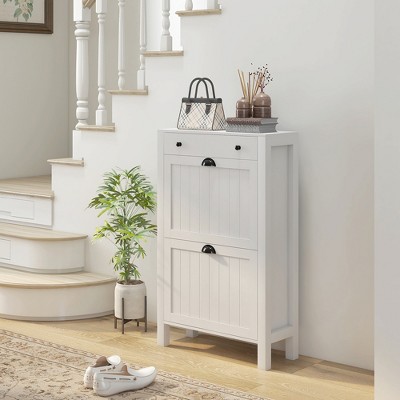 White Wood Shoe Storage Cabinet with Flip Drawers and Top Drawer