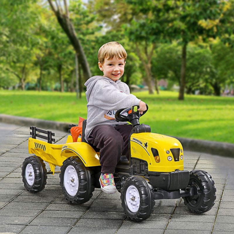 Aosom Kids Ride on Farm Tractor, Manual Pedal Ride on Car with Back Storage Trailer, Shovel & Rake, Horn, 3 Years Old, Yellow, 3 of 7