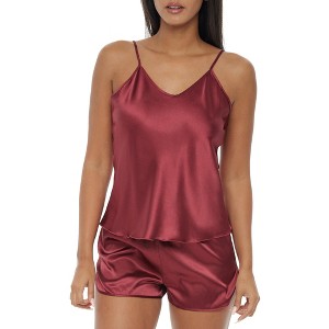 ADR Women's Spaghetti Strap Cami Top & Shorts Pajamas Lounge Set, Satin Silk PJs - 1 of 4
