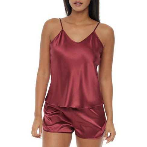 ADR Women's Cami Top & Shorts Pajamas Set, Satin PJs Burgundy Small