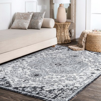 Gray and Black Medallion Synthetic 4' x 6' Area Rug