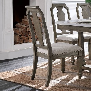 Set of 2 20" Zumala Dining Chairs Beige Linen/Weathered Oak Finish - Acme Furniture: Carved Frame, Nailhead Accents - 1 of 4