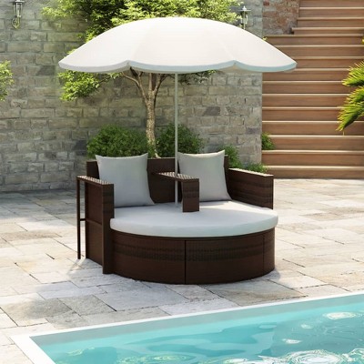 VidaXL Patio Bed with Parasol Brown Poly Rattan