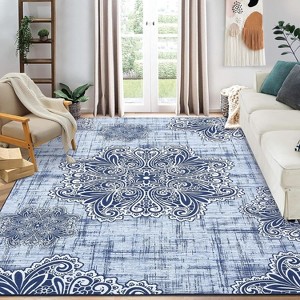 Acekool Washable Vintage Area Rug, Low Pile Non-Slip Soft Distressed Medallion Carpet for Living Room Bedroom, Easy Care - 1 of 4