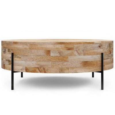 WyndenHall Farmington Drum Coffee Table Natural : Modern Industrial Style, Mango Wood & Iron, 38"