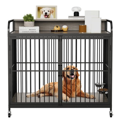 Heavy Duty Dog House with 360° Wheels – Furniture Style Dog Crate for Medium Dogs with Feeder