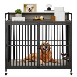 Heavy Duty Dog House with 360° Wheels – Furniture Style Dog Crate for Medium Dogs with Feeder - 1 of 4