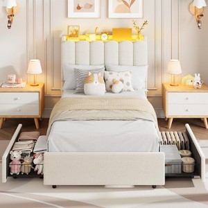 TackView Bed Frame with Storage Headboard,Boucle Upholstered Platform Bed with 2 Drawers, Chic Wavy Headboard with Bookcase, No Box Spring Needed - 1 of 4