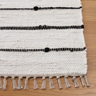 Boho Chic Black and Ivory Striped Kilim 5' x 8' Wool Area Rug