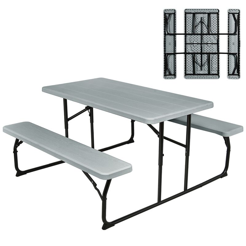 Costway Folding Picnic Table & Bench Set for Camping BBQ w/ Steel Frame White/Balck, 1 of 11