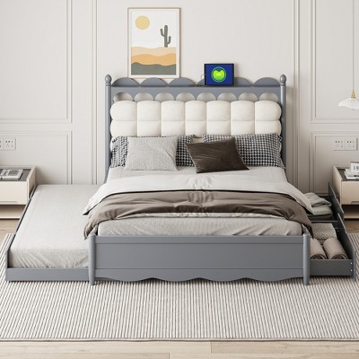 Whisen Queen Size Wooden Storage Platform Bed with 2 Big Drawers, USB Ports and Trundle