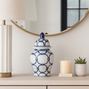 Decorative Ceramic Temple Jar for Living Room Decor - Stylish Home Decor for Bedroom, Office, and Table Centerpiece - Blue & White - 1 of 4