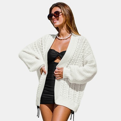Women's Beige Open Front Blouson Sleeve Cardigan - Cupshe