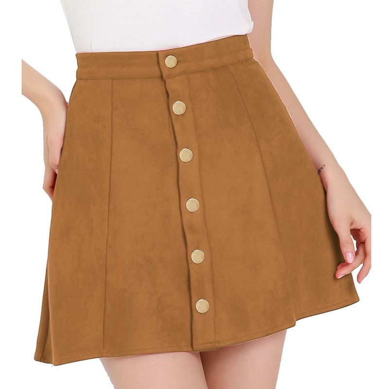 Allegra K Women's Faux Suede Button Front A-Line High Waisted Mini Short Skirt, 1 of 6
