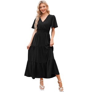 target black dress with flowers Women Floral Tiered Maxi Dress Short Sleeve Ruffle Ankle Length Dress  50#Black,XL