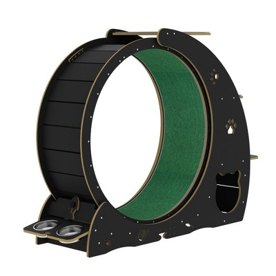 Cat Exercise Wheel with Bowls, Scratch Post & Detachable Carpet, Cat Treadmill for Indoor Cats, Large Quiet Cats Running Wheel for Entertainment