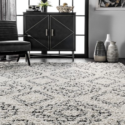 Off-White Square Braided Shag Synthetic Area Rug