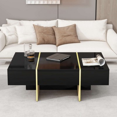 Lirago 47" Rectangular Coffee Table Modern High Gloss with 2 Drawers Golden Wood Legs Multi Storage for Living Room Office