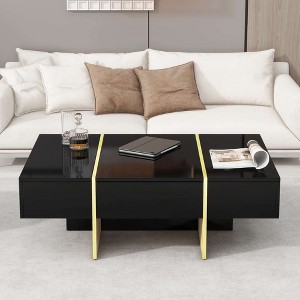 Lirago 47" Rectangular Coffee Table Modern High Gloss with 2 Drawers Golden Wood Legs Multi Storage for Living Room Office - 1 of 4