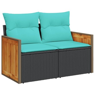 vidaXL Patio Sofa with Cushions - 2-Seater, Black Poly Rattan/Blue Fabric, Outdoor/Garden Loveseat, 46.5"x24.4"x27.2"