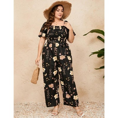 Women's Plus Size Wide Leg Floral Jumpsuits Casual Summer Outfits with Belt Bell Sleeve Smocked