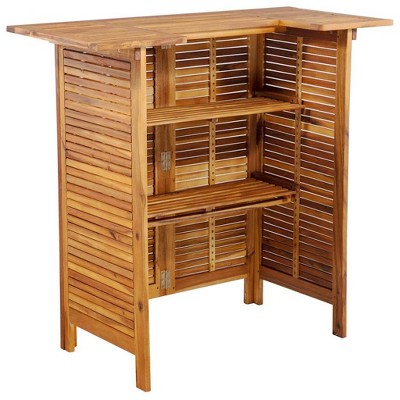 Solid Acacia Wood Brown Patio Bar Table with Storage Shelves