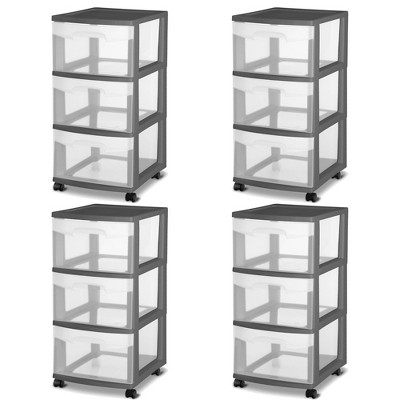 Sterilite 3 Drawer Home Organizer Storage Cart with Caster Wheels for Home, Office, Dorm, Classroom, and Utility Areas, Gray Flannel (4 Pack)