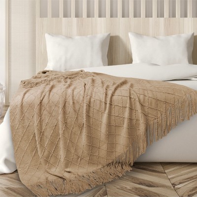 Tan Taupe Knit Fleece Reversible Throw Blanket with Fringe
